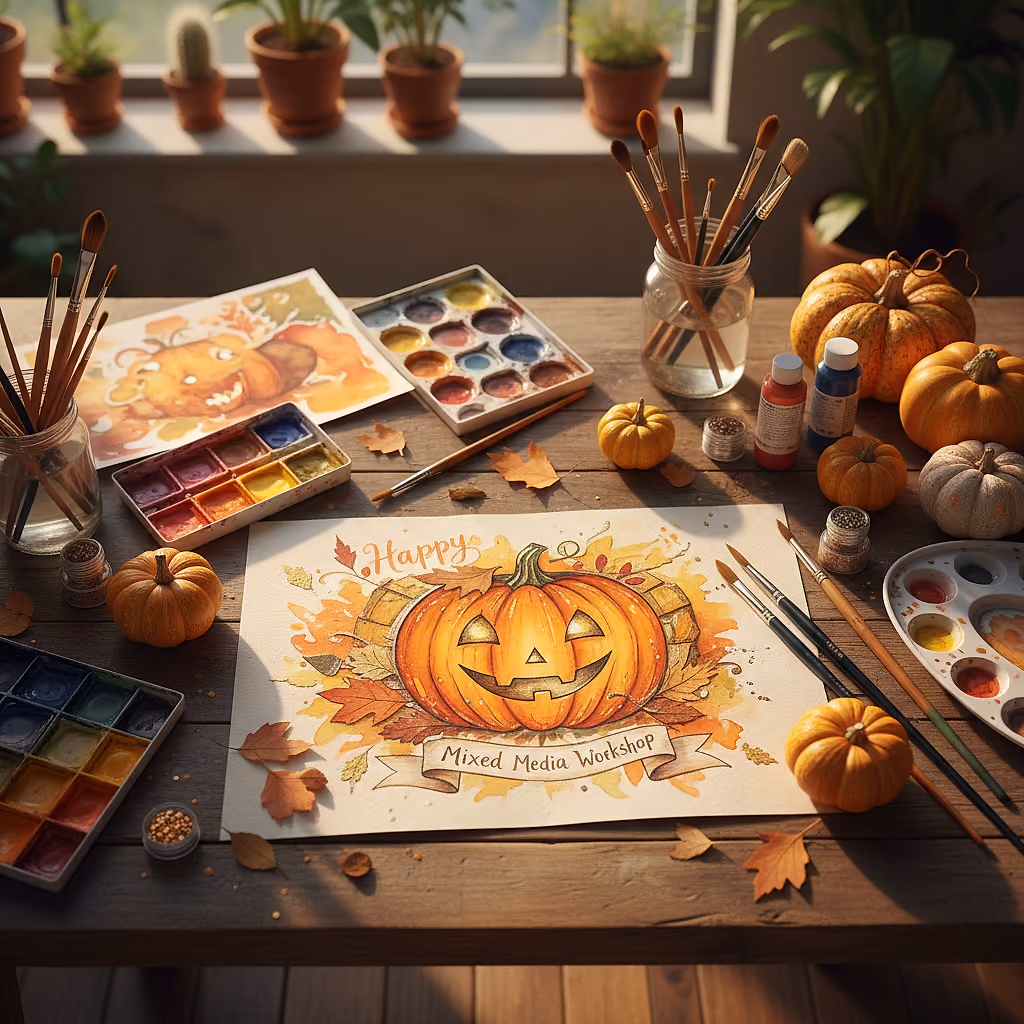 "Happy Pumpkin", der fröhliche Kürbis - Mixed Media Workshop mit Anja Wagenbret