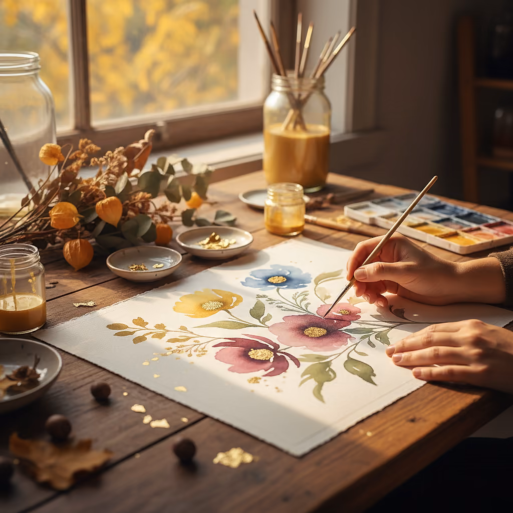Aquarellblumen mit Goldelementen - Workshop Olena Korchmynska